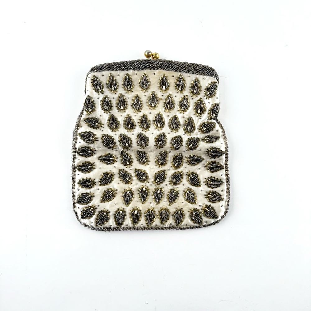 Vintage 1960’s/1970’s Elegant Beaded Satin Clutch in Gold and Ivory.
